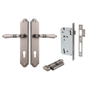 Sarlat Levers on Shouldered Backplate (iver) - Distressed Nickel, Entrance Kit (Key/Thumb)
